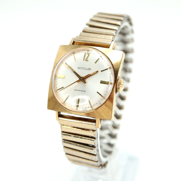 Vintage Westclox Mechanical Watch 30mm Square Silver Dial RUNNING Gold Tone Band